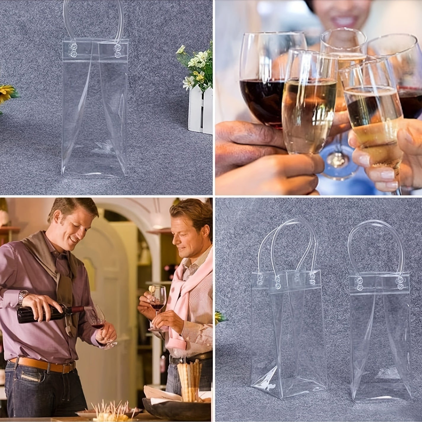 Portable ice bucket with PVC anti-leak ice bag, transparent and with handle for refrigerating red wine bottles and champagne.