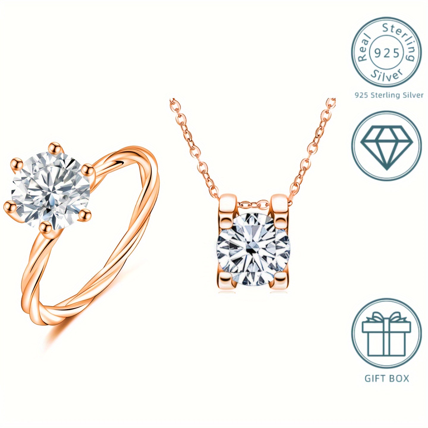 Choose from a variety of multi-colored high-quality wedding accessories, including a 2-piece 1-carat Moissanite ring and a 1-carat Moissanite necklace, both made of 925 sterling silver. Each item comes with a certificate and gift box.