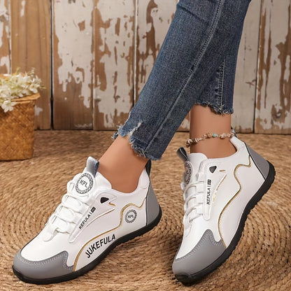 JUKEFULA Women's Colorblock Sneakers - White & Gray, Anti-Slip, Soft PVC Sole, Round Toe, Lace-Up Closure, All Seasons