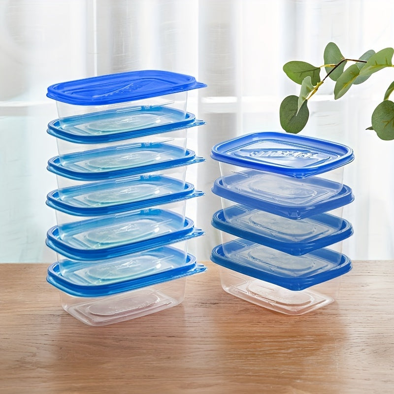 10pc set of reusable clear plastic storage containers with blue lids, perfect for storing fresh produce and snacks in the kitchen, office, school, picnics, and beach.