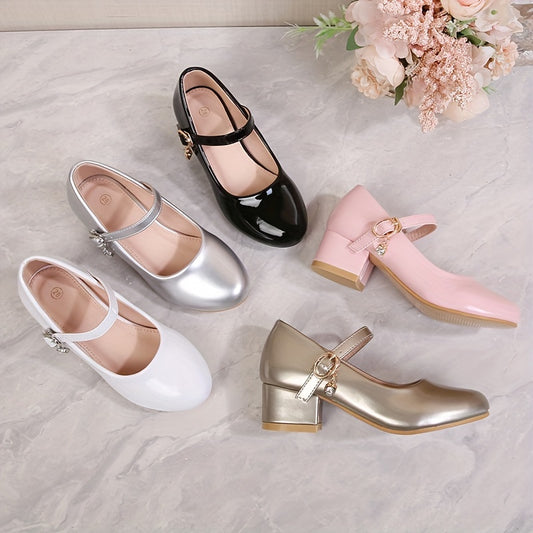 Girls' Princess High Heel Ballet Shoes in British campus style, ideal for weddings and formal events. Available in black, white, pink, and golden colors with a durable TPR sole.