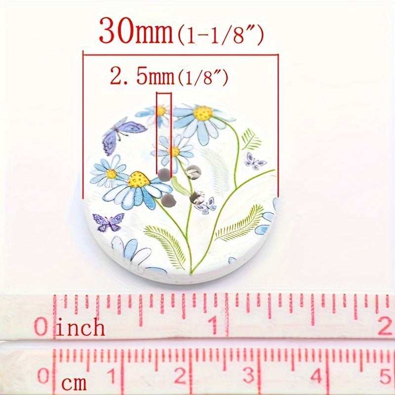 A set of 10 large decorative flower and butterfly buttons made of natural wood, each measuring 30mm in size and featuring 4 holes for sewing.