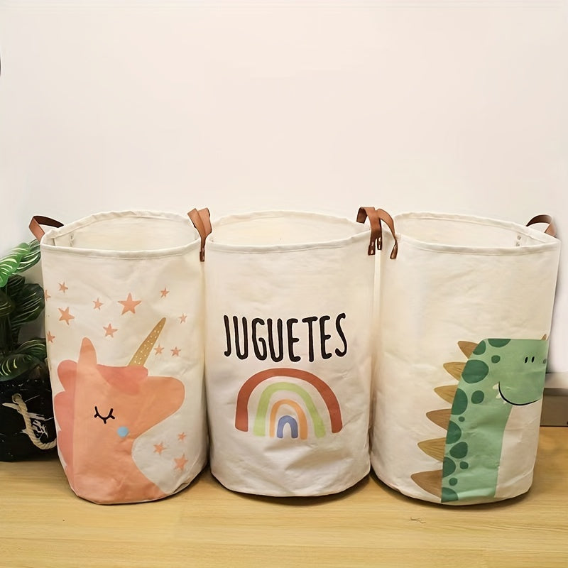 Folding storage bucket with cartoon print for organizing clothes, toys, and trash, featuring a large capacity and waterproof design for convenient home storage.