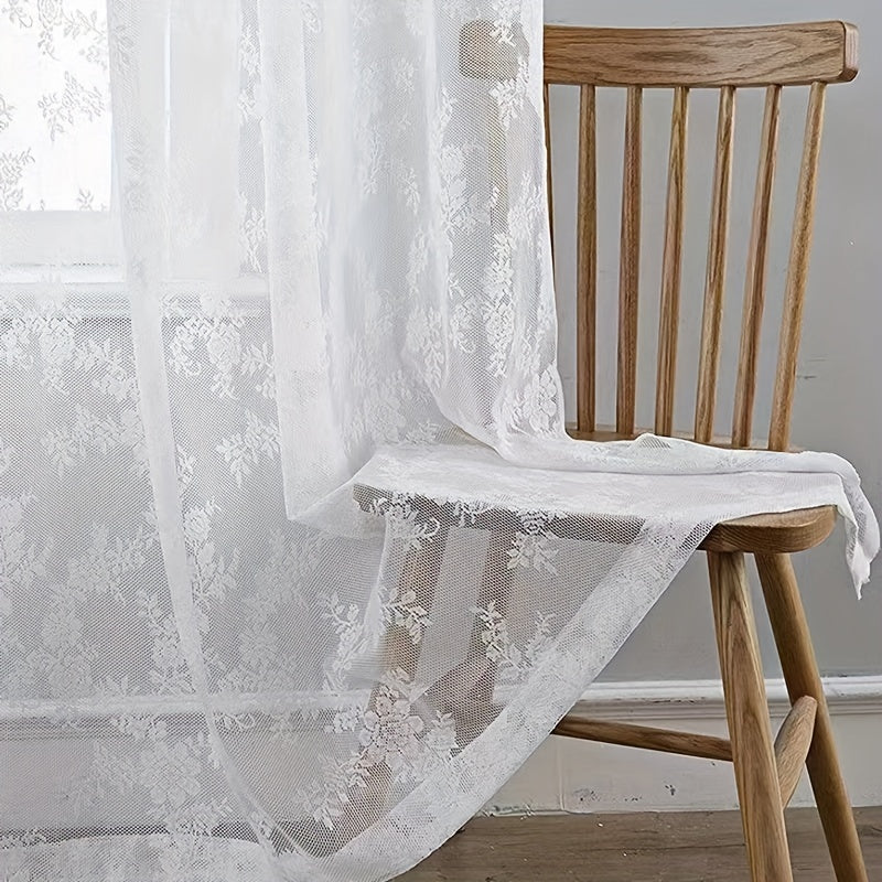 Elevate your living space with the sophisticated charm of the Elegant French White Lace Sheer Curtain featuring a delicate floral pattern. Made from semi-transparent polyester, this curtain is ideal for adding a touch of elegance and privacy to your