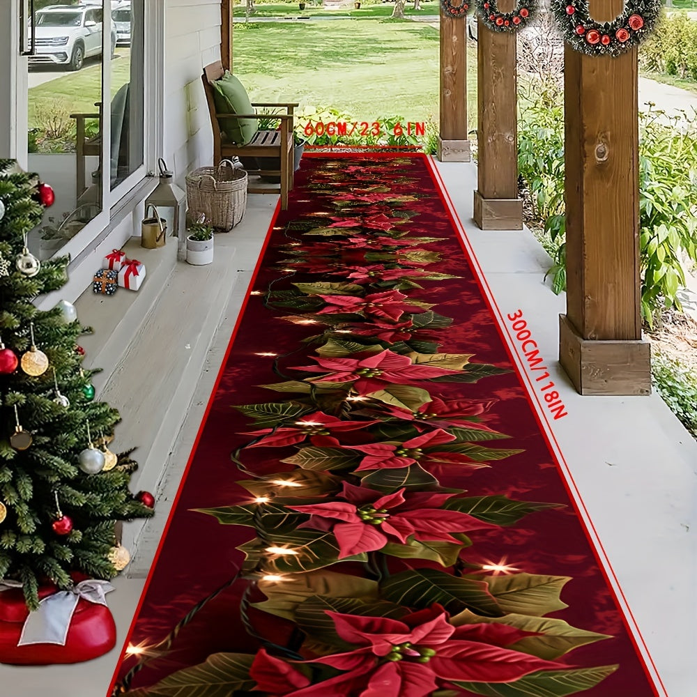 Festive Christmas Poinsettia Pattern Long Runner Rug in 1 Piece, Made of Polyester with Non-Slip Stain Resistant Features, Machine Washable Carpet, Soft and Comfortable Floor Mat with Anti-Slip Backing for Home Party Decor or Holiday Gift option.