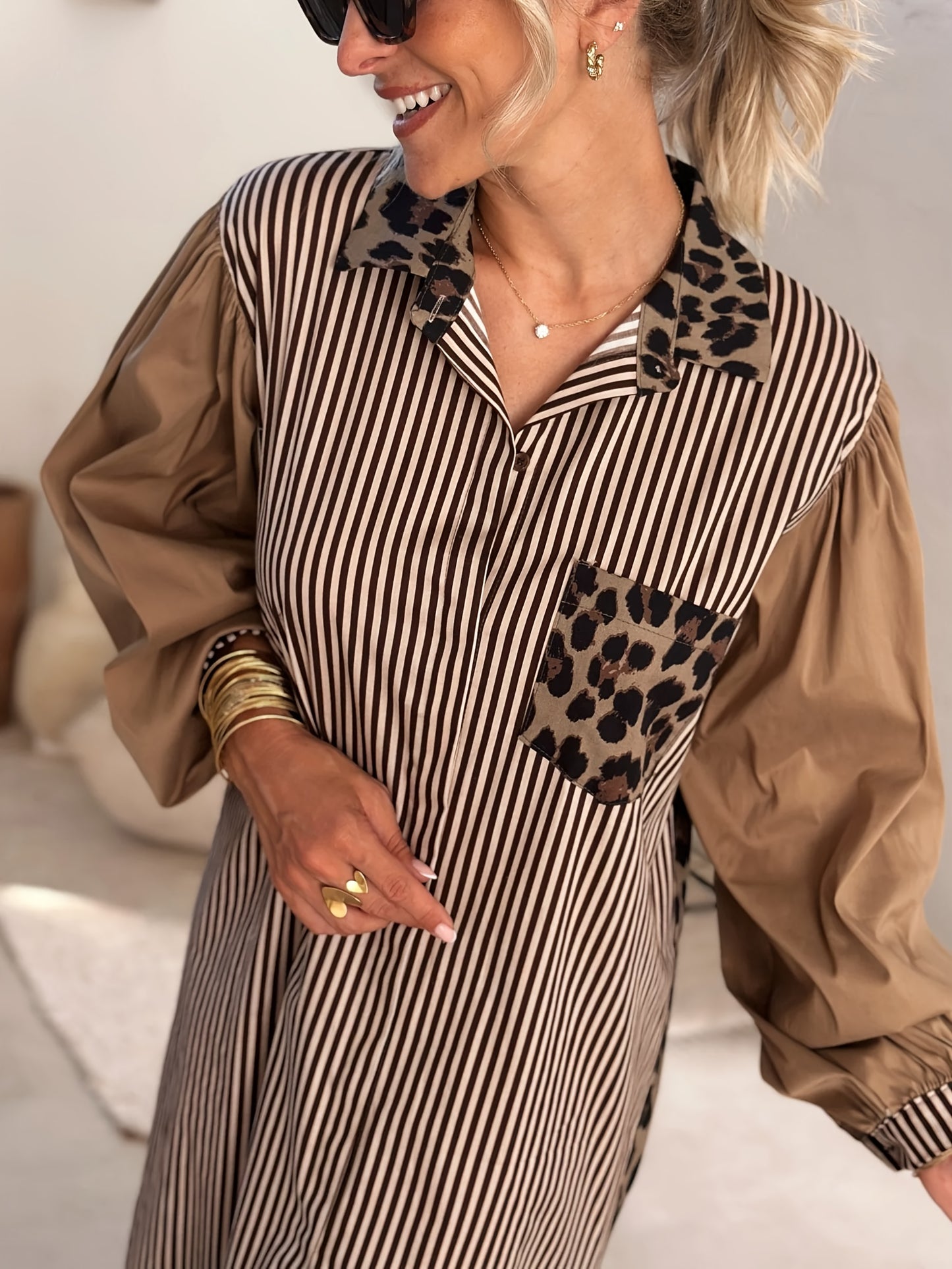 Chic leopard print and striped maxi dress for women with cat ear design, long sleeve, button front, lightweight polyester, machine washable.