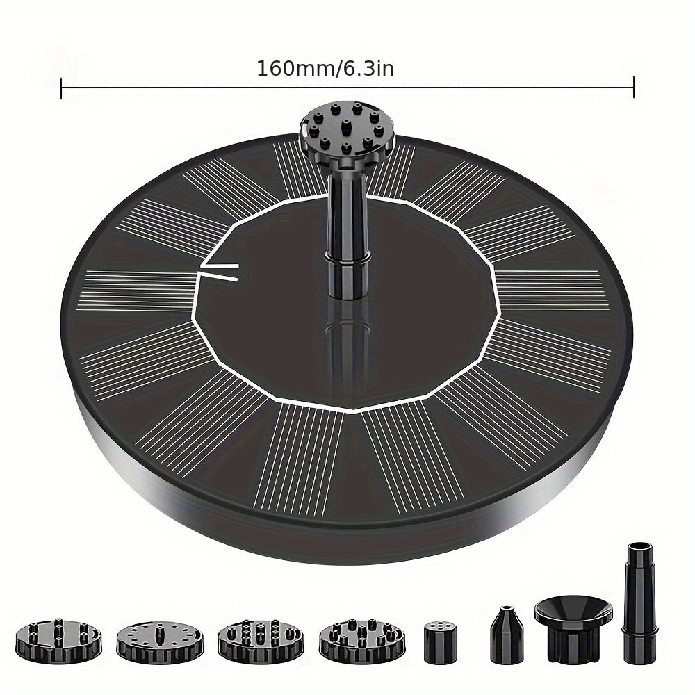 Solar fountain water pump with 6 nozzles for various outdoor decorations such as bird baths, ponds, gardens, and backyard aquariums.