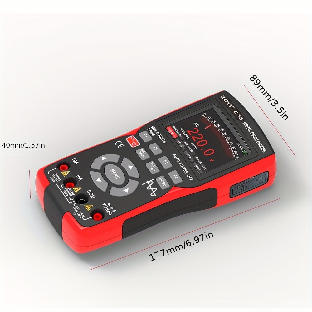 ZOYI ZT-702S is a combo device that integrates a 10MHz digital oscilloscope and multimeter with features such as True RMS, high-speed 48m/S, transistor probe, PC waveform display, and