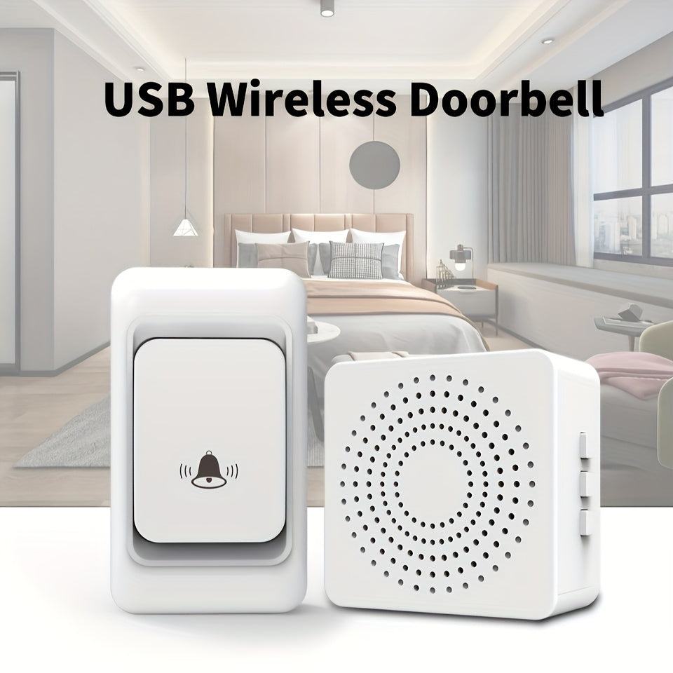 Wireless doorbell with 38 chime tunes, rechargeable, long-range remote control, and wall mount for home security.