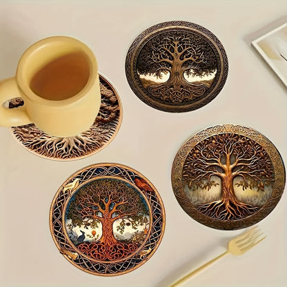 8pcs Tree of Life Wooden Coasters - Artistic Design, Ideal for Drinks, Coffee, Tea - Perfect Home or Restaurant Gift