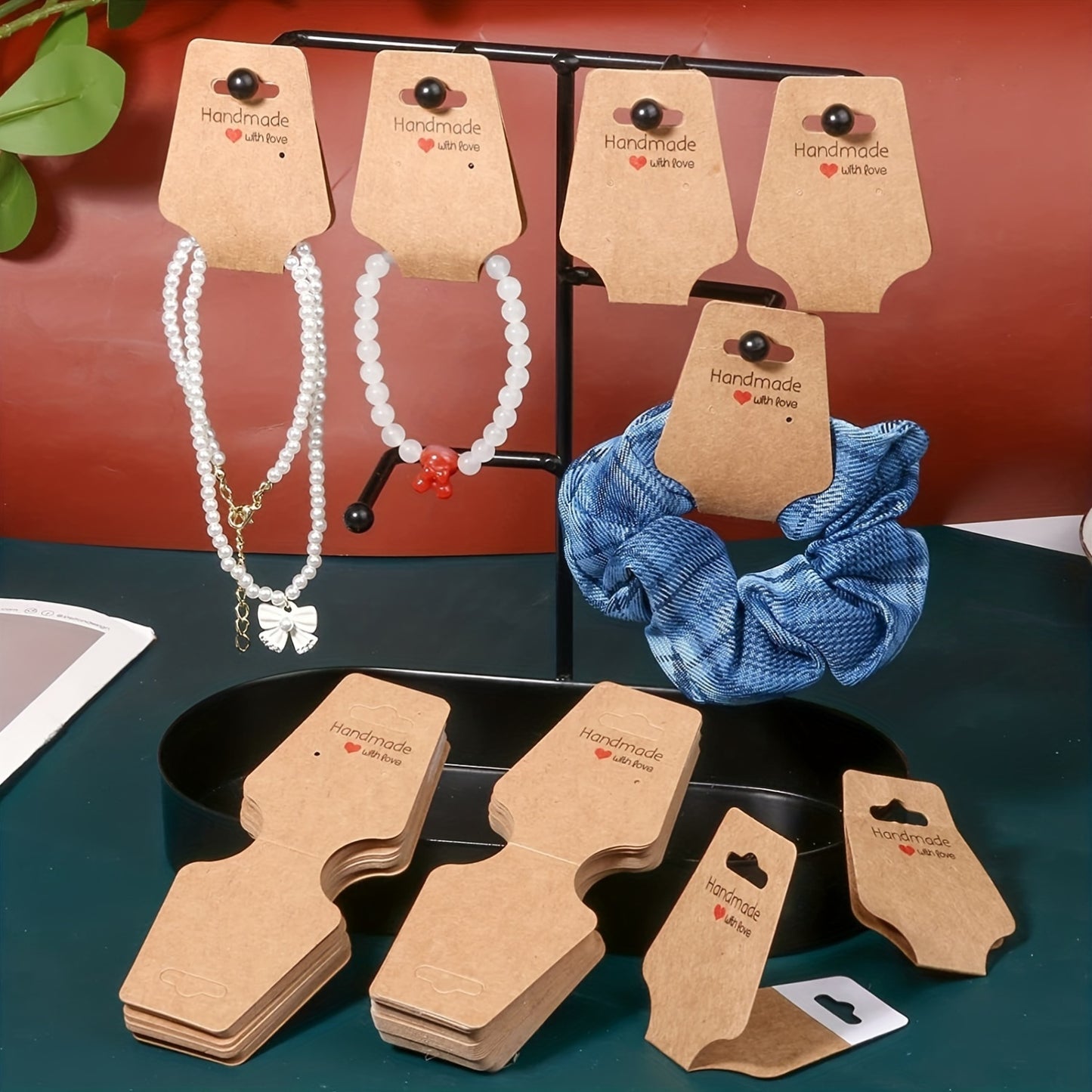 50/100pcs Self-Adhesive Cardboard Jewelry Display Hangers for Necklaces, Bracelets, Earrings, Headbands, Suspenders. Handmade with Love for Small Businesses.