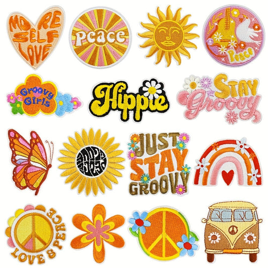 15 pieces of Hippy Iron On Patches, Sew On Embroidered Applique Patches for DIY Clothing Repair and Decoration on Jackets, Jeans, Pants, Dresses, Backpacks, and Hats.