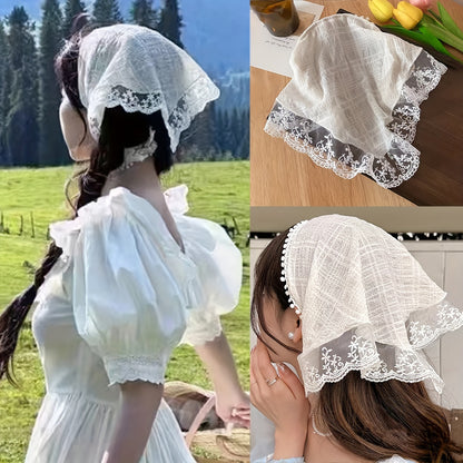 Chic lace knit triangle scarf doubles as sun protection headband for women, perfect for summer style.