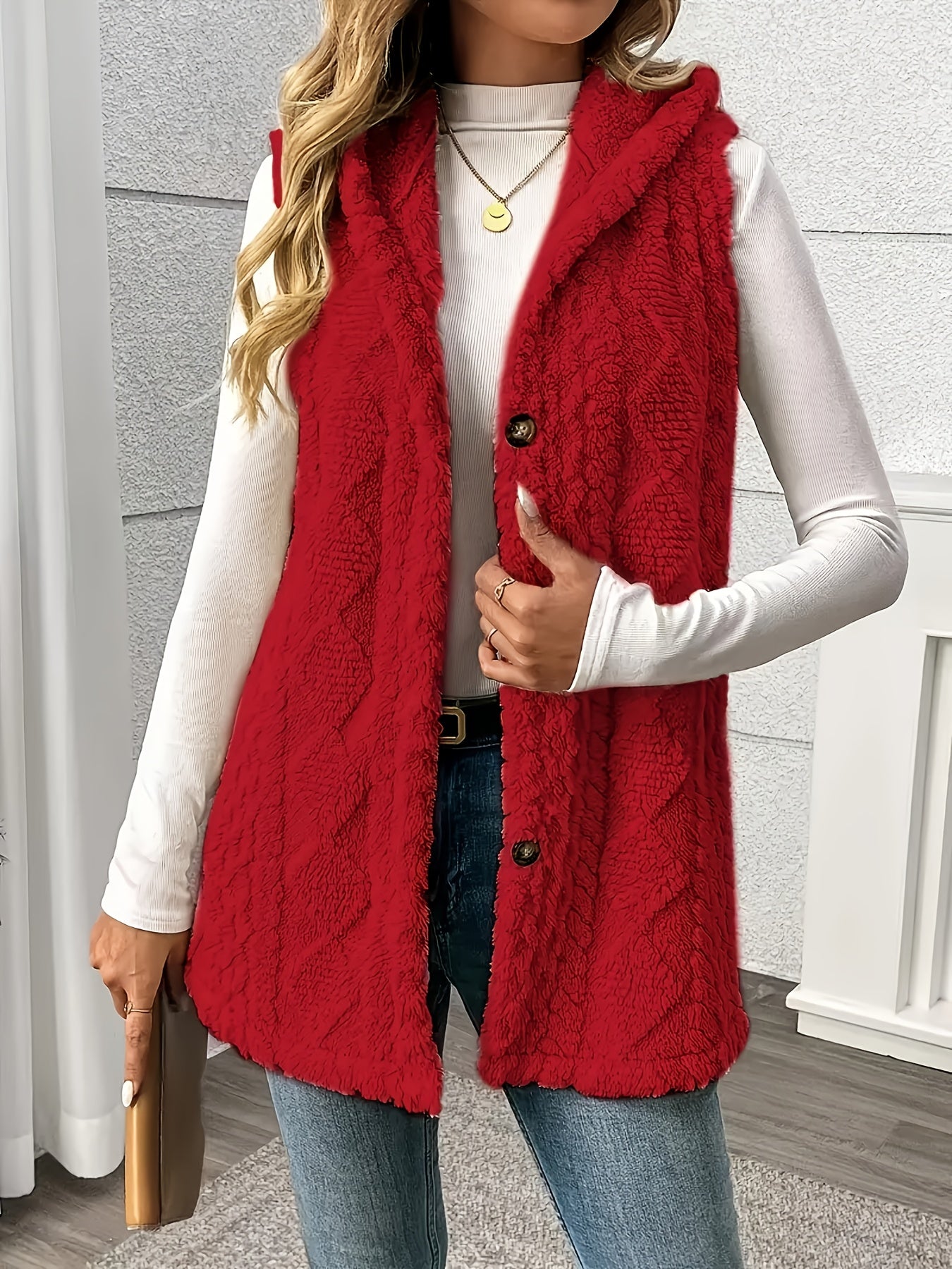 Sleek sleeveless hooded vest for women in solid color with plush texture and button detail. Machine washable and perfect for fall & winter.