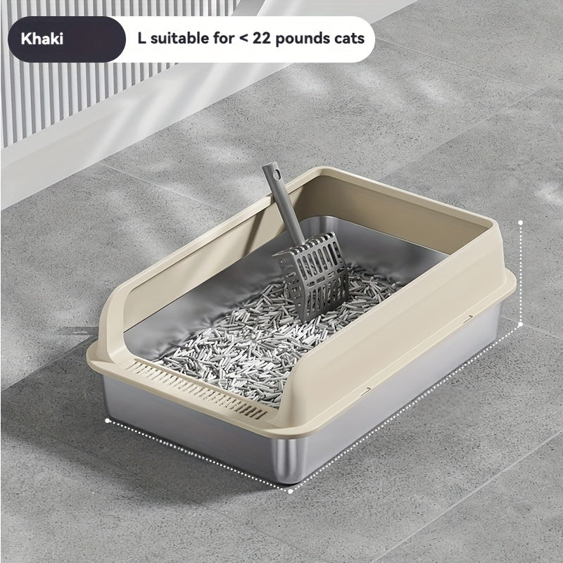 Large stainless steel litter box with splash guard cover for easy cleaning.