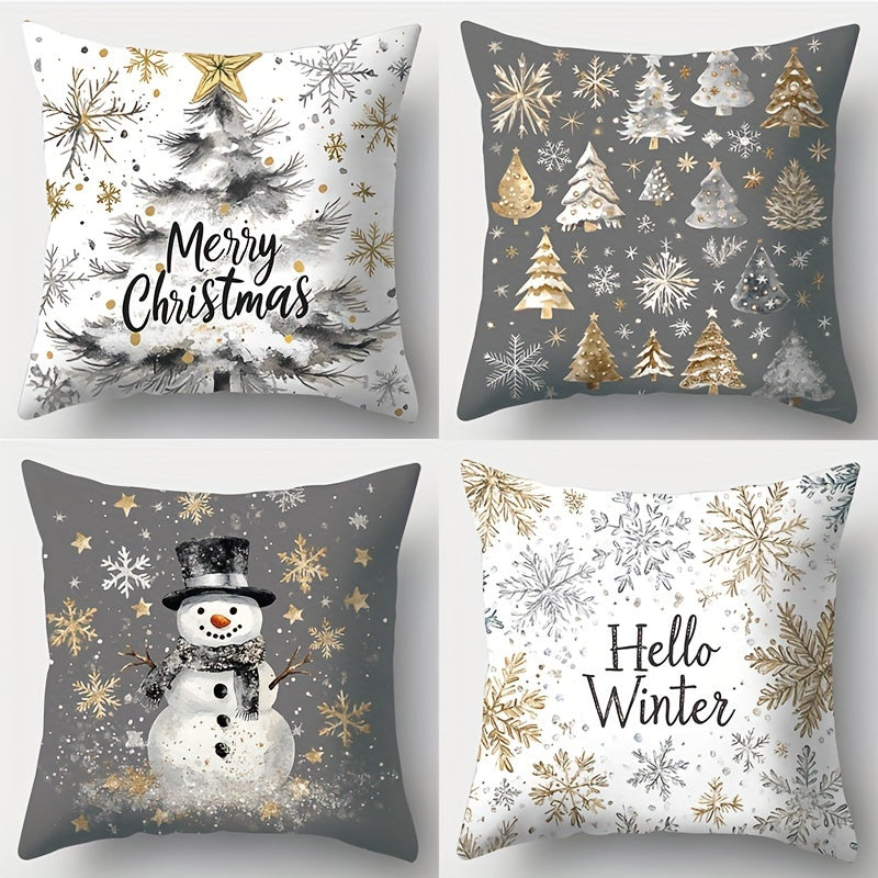 4-Pack Christmas throw pillow covers with festive golden and gray prints featuring snowman, trees, and winter designs. Made of polyester with zipper closure, machine washable. Ideal for living room decor. Woven pillowcases, pillow core not included.