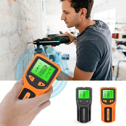 5-in-1 stud finder scans for wood, metal, and AC wires with backlit display, battery-operated (batteries not included).