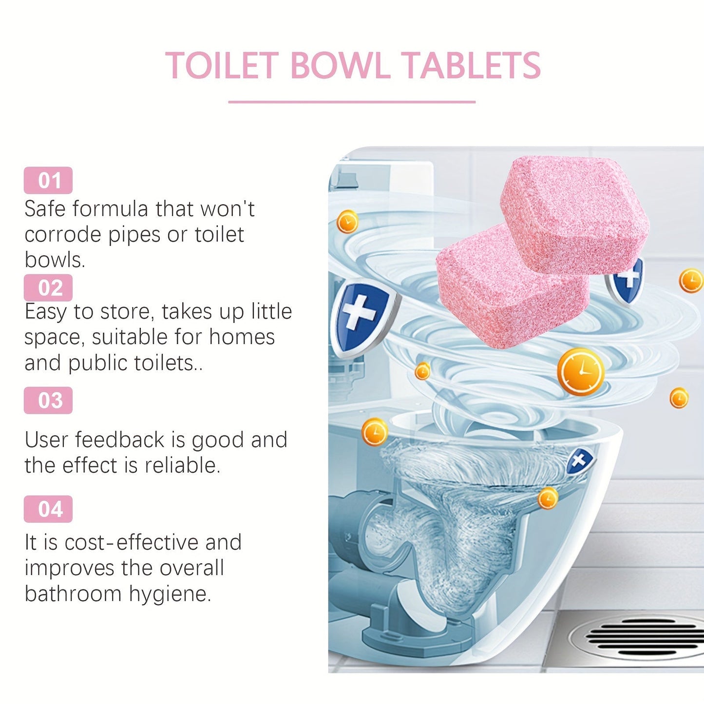 No-Residue Effervescent Tablets for Sparkling Clean Toilet Bowls - Removes Stains and Dirt with Sodium Hydrogen Carbonate Formula, Ideal for Home Cleaning.