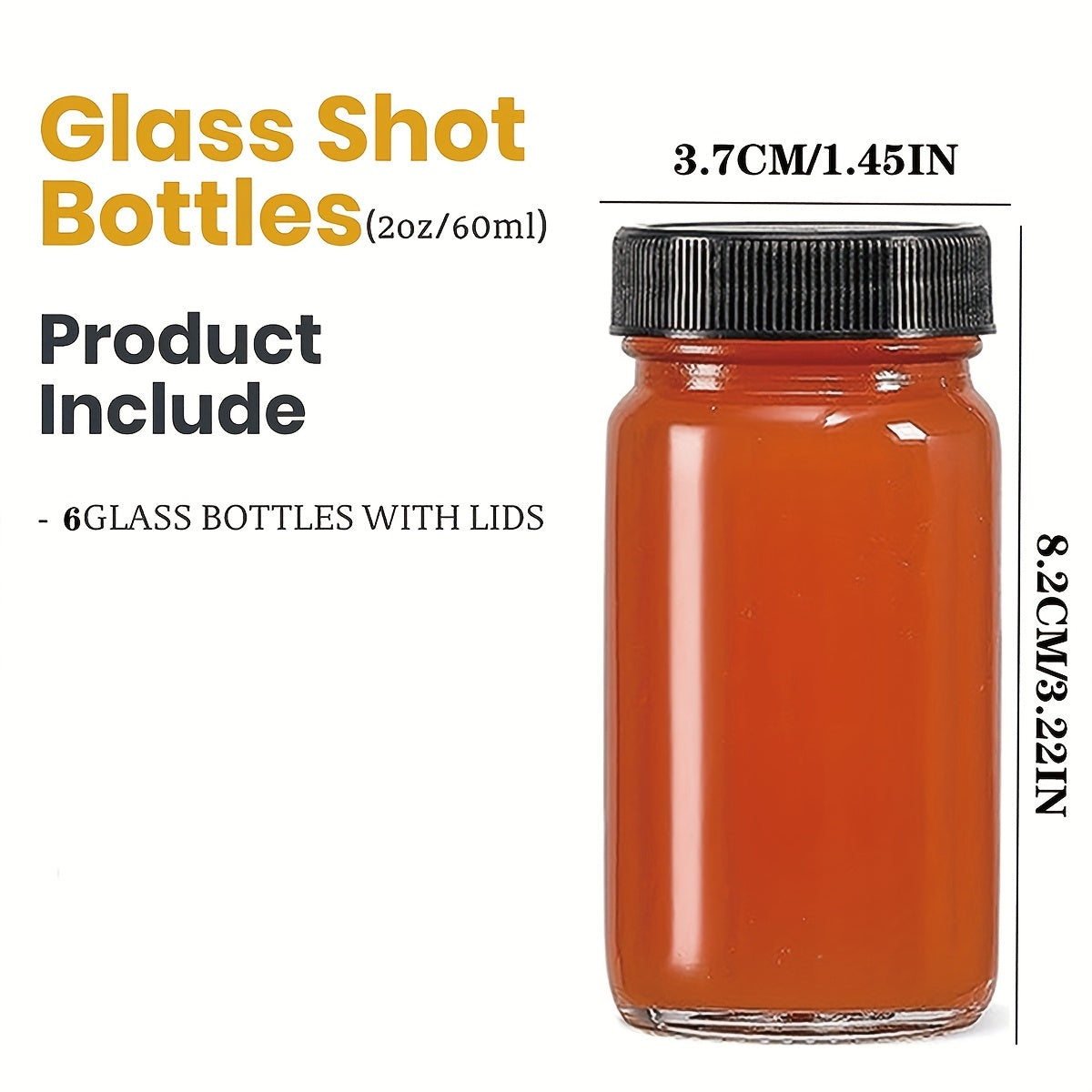 6 Pack of 2oz glass shot bottles with black lids. Reusable, insulated, and machine washable. Great for ginger shots, juice samples, whiskey, and travel essentials.