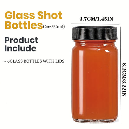 6 Pack of 2oz glass shot bottles with black lids. Reusable, insulated, and machine washable. Great for ginger shots, juice samples, whiskey, and travel essentials.