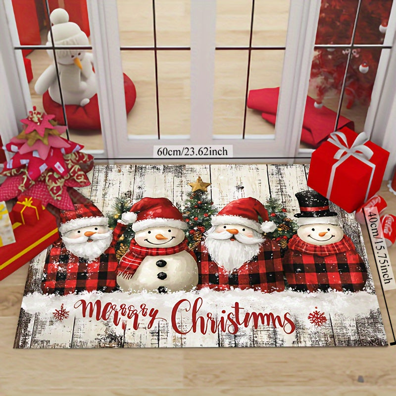 Christmas plush rug featuring Santa and a snowman, with a weight of 930gsm and a thickness of 5mm. Includes non-slip backing and is machine washable. Suitable for use in the living room, bedroom, kitchen, and for indoor/outdoor use.