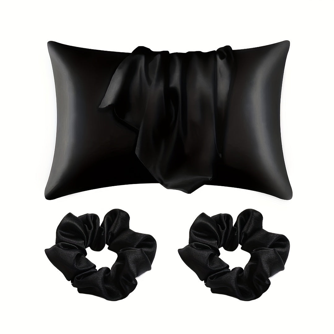 3-Piece Bed & Bathroom Set: 1 Pillowcase (pillow not included) + 2 Scrunchies - Made of Luxurious Satin with a Contemporary and Simplistic Design for Home, Hotel, or Bedroom - Comes with a Set of 2 Scrunchies