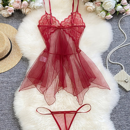 Sheer mesh halter dress with lace details and matching thong for women, sexy peplum pajama set.