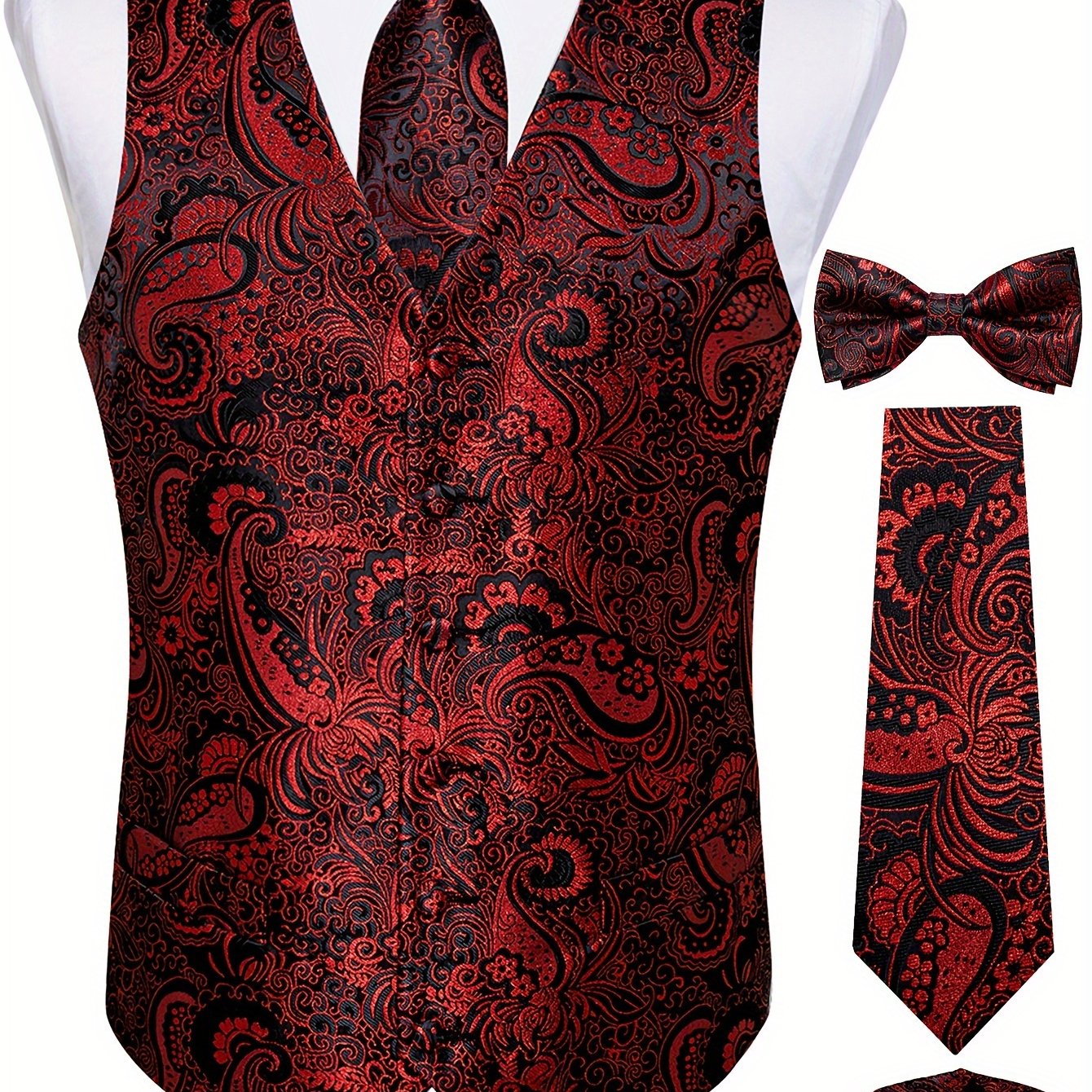 Plus size men's paisley suit vest set with tie, bow tie, pocket square, and cufflinks - perfect for parties.