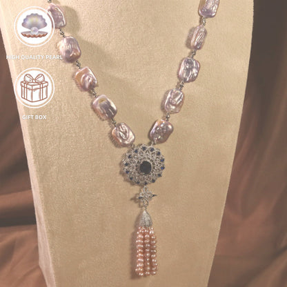 This elegant sweater necklace features a luxurious 5A Zirconia and high-quality purple square baroque natural pearl. Made with fine craftsmanship, it highlights both personality and fashion, ensuring comfortable wear. Perfect for a variety of occasions