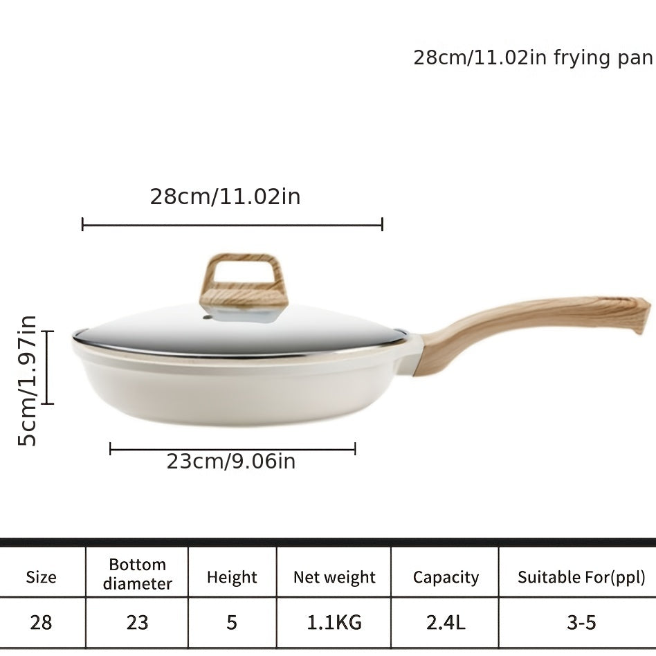 Non-stick frying pan with lid, coated with medical stone for all stovetops. Ideal for cooking vegetables, beef, pork, and fish with ease.