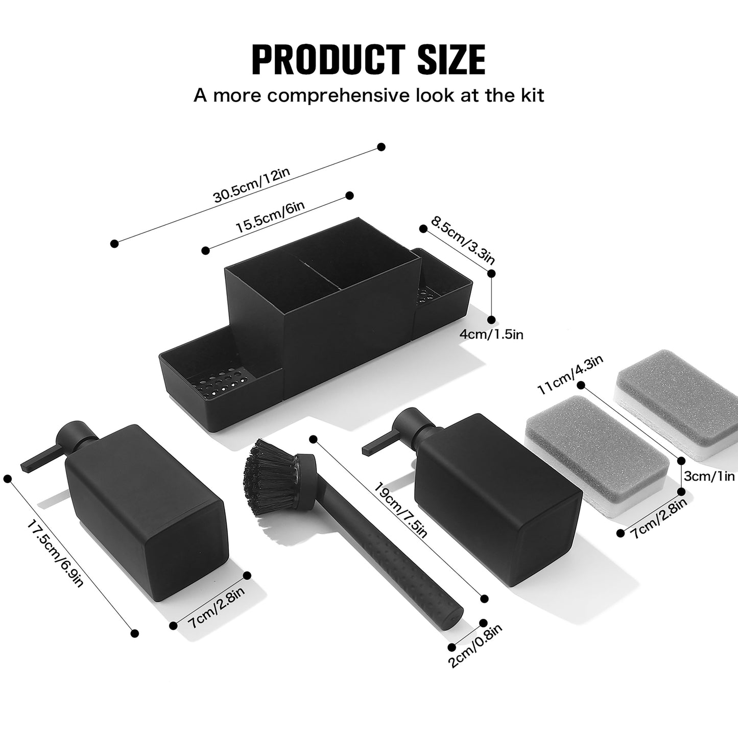 Черный двойной диспенсер для мыла с держателем для губки и щеткой для посуды для столешницы кухонной раковины, не требует электричества.