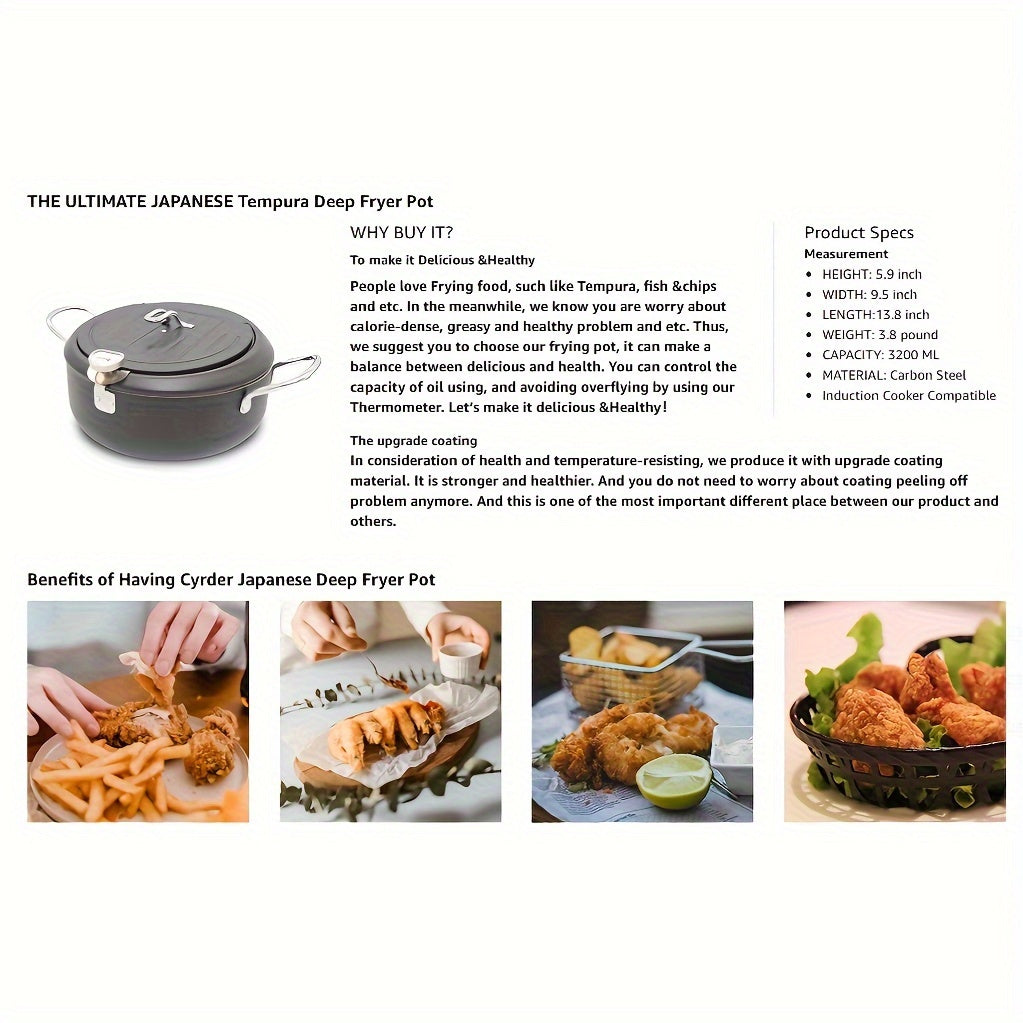 Japanese Deep Fryer Pot with Fahrenheit Thermometer, available in 2.3L or 3.5L sizes. Features a high temperature-resistant nonstick coating for easy frying of tempura, chicken, fish, shrimp, and meatballs. Cleanup is a breeze with this black 20.32cm or