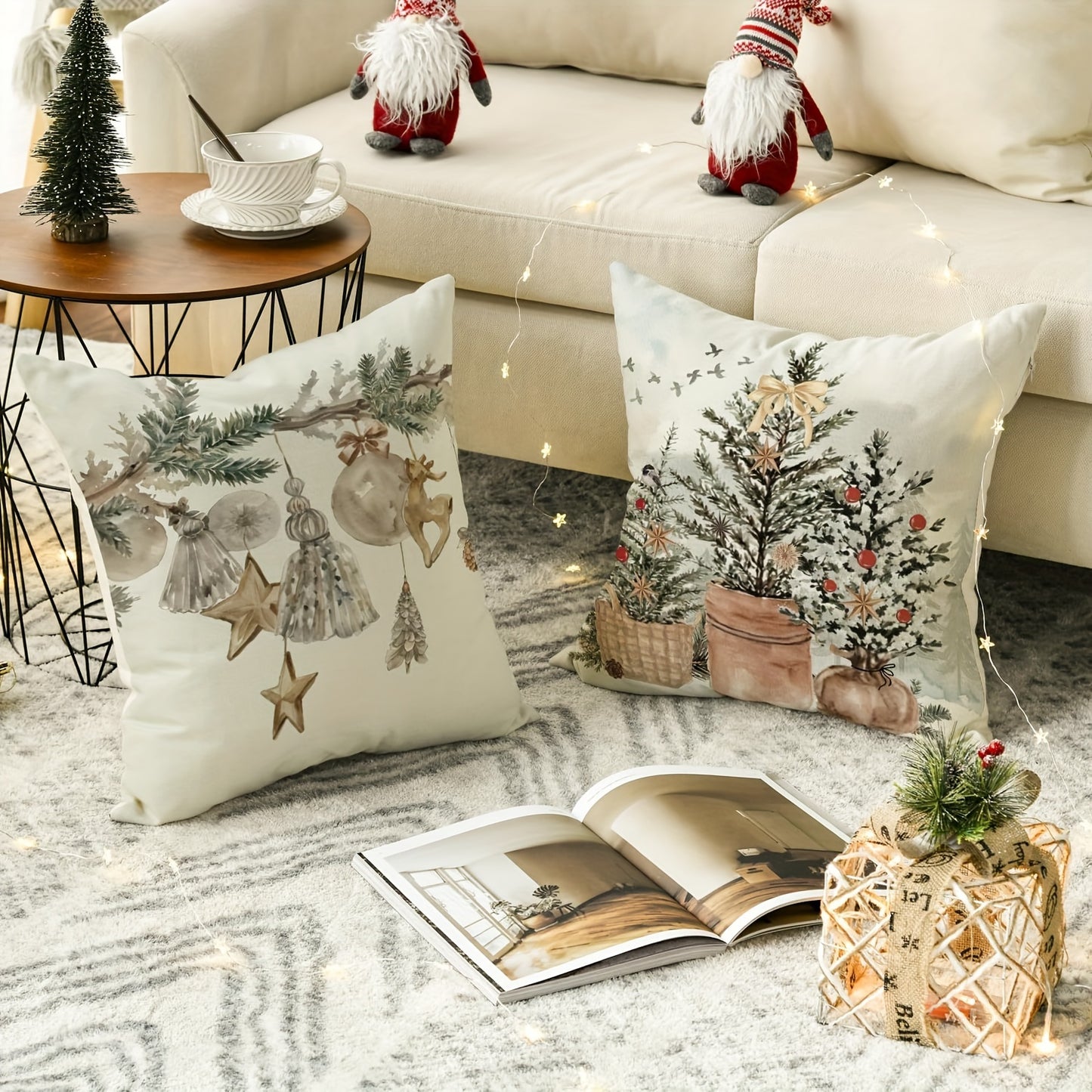 Four rustic linen pillow covers with winter and Christmas designs for home decor.