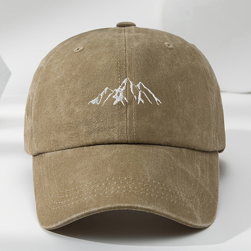 High-quality polyester baseball cap with mountain peak embroidery. Adjustable and breathable, ideal for outdoor activities.