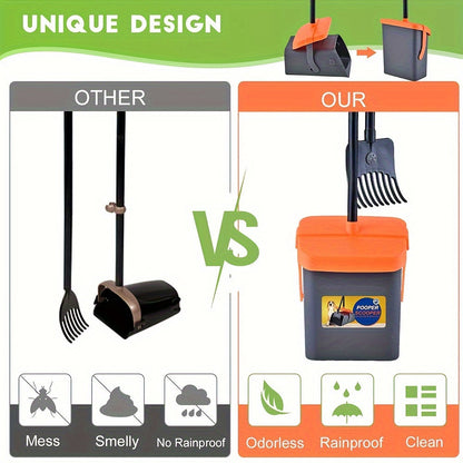 Dog owners with medium to small breeds can easily clean up their pet's mess with this heavy-duty poop scooper set. The set includes a swivel bin and rake with a long handle measuring 116.84cm/104.14cm. It is ideal for use on grass, dirt, or gravel.