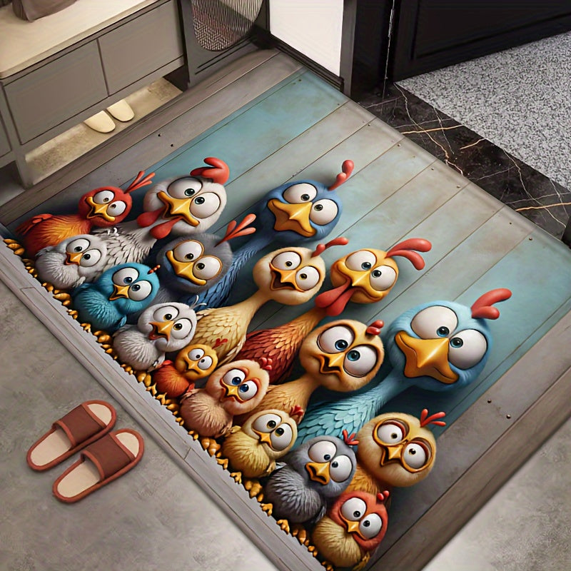 Chicken Family Big-eye Design Rug, 1.2cm Thick Sponge, Non-Slip, Stain & Water-Resistant, Machine Washable 100% Polyester Indoor Door Mat for Bedroom, Bathroom, Kitchen, Hallway, Laundry Room