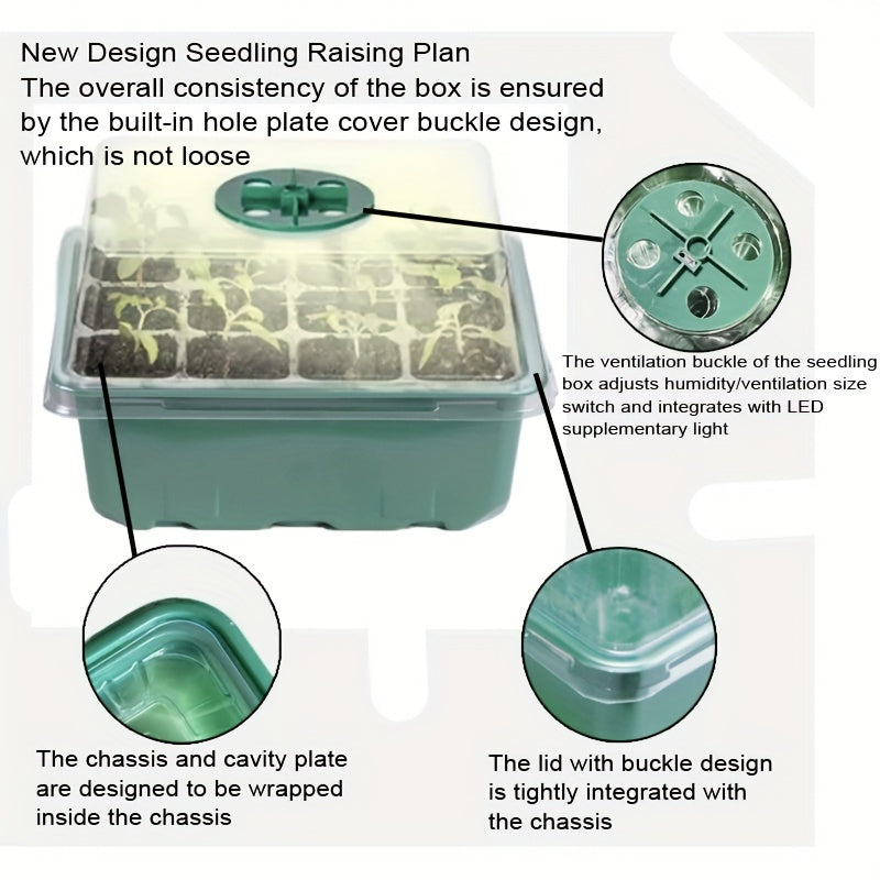 Plant seedling boxes with supplementary lighting, cultivation holes, seedling tools, label cards, and mats for optimal germination.