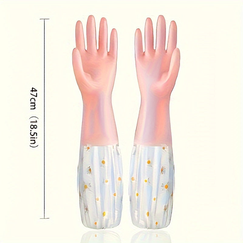 Get a pair of long-lasting waterproof cleaning gloves featuring a daisy pattern. These gloves are non-slip, alcohol-free, and ideal for use in the kitchen, laundry, bathroom, living room, and bedroom. Available in pink and white, they are a versatile