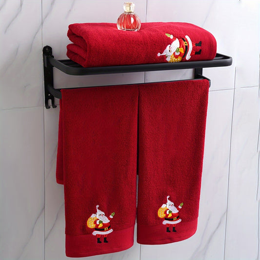 Christmas-themed towel set with embroidered snowman design. Includes 2 towels and 1 bath towel, ideal for couples' bathroom essentials and holiday gifts. Made of 100% cotton.