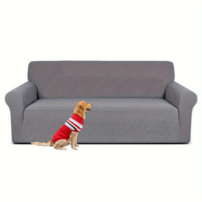 Pet-friendly sofa cover in gray striped jacquard fleece with elastic band, non-slip bottom, and all-season dust protection. Stylish and snug fit for living room furniture.