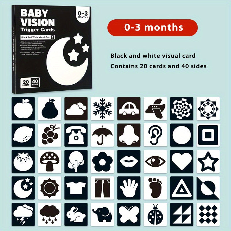 Children's Black and White Visual Stimulation Cards for Ages 0 to 3 Months, designed to help with tracking and visual development.