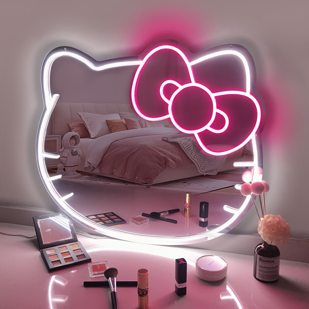 1pc USB-powered Hello Kitty Cartoon Oval LED Neon Light Mirror with dimmable plastic frame for various rooms - Glowing decor.