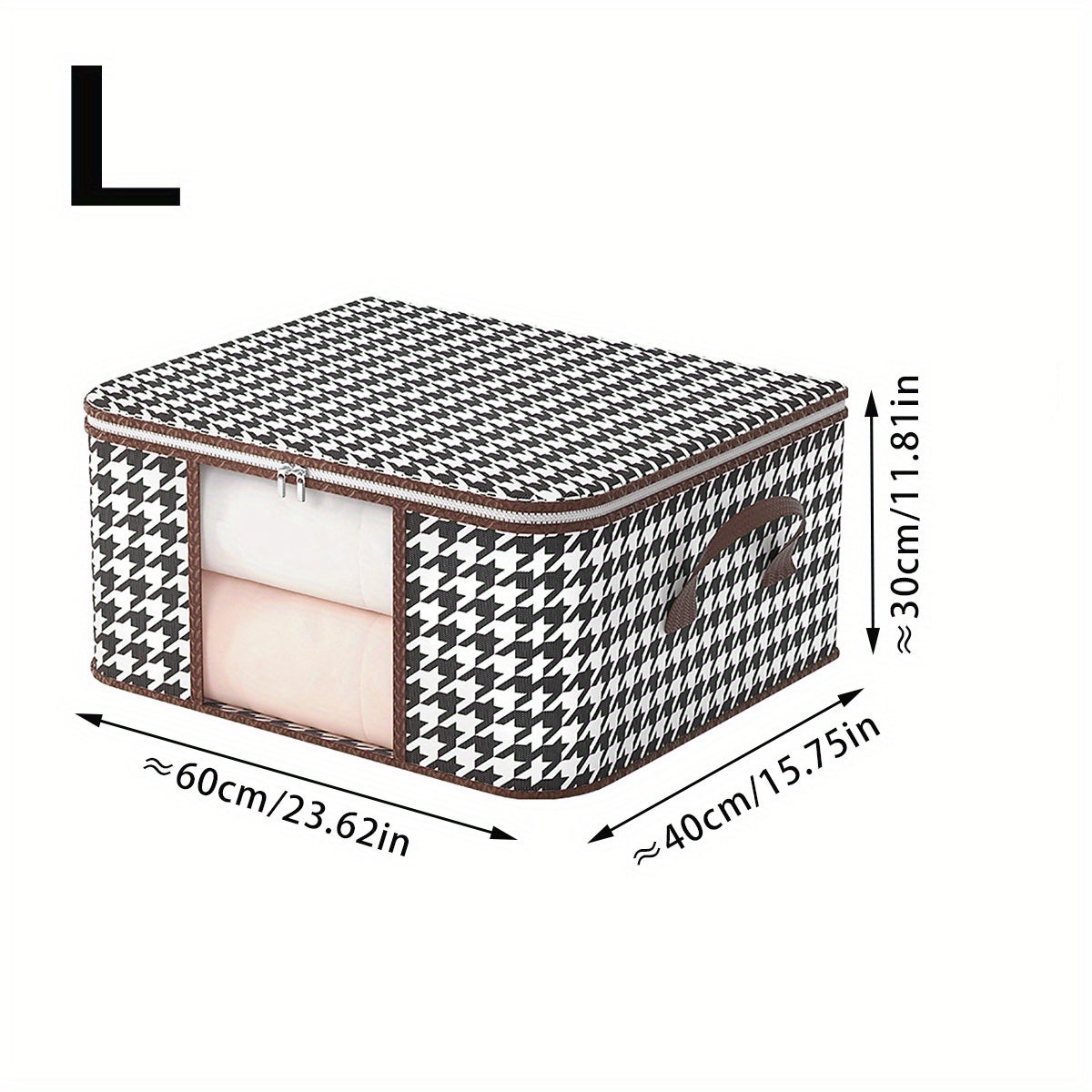 The Houndstooth Pattern Clothes Storage Bag with Transparent Window is a versatile and stylish option for organizing your wardrobe. Made of non-woven material, this quilt clothes organizer bag is dustproof and foldable for easy storage. It makes a