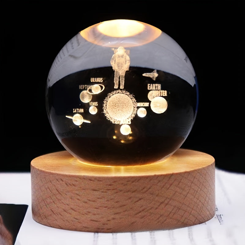 USB-powered crystal ball night light with wooden base, LED tabletop lamp for bedroom, energy efficient uplight with countertop mounting, accessory included, no battery needed.