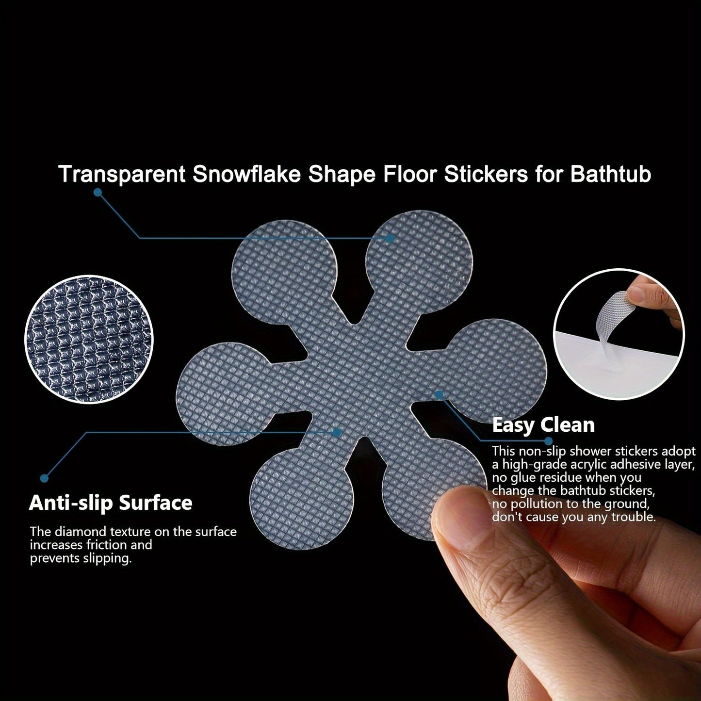 Non-slip bathtub stickers available in sets of 3, 12, or 24. These transparent snowflake-shaped floor stickers are perfect for use in bathtubs, shower floors, stairs, or ladders.