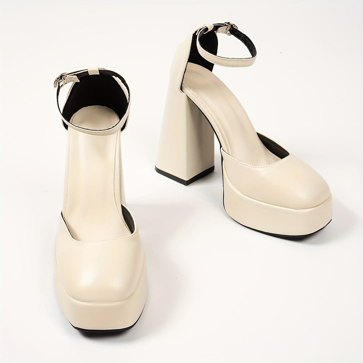 Women's Black Beige Glossy Square Toe High Heel Platform Shoes with Buckle Strap and Chunky Heel.