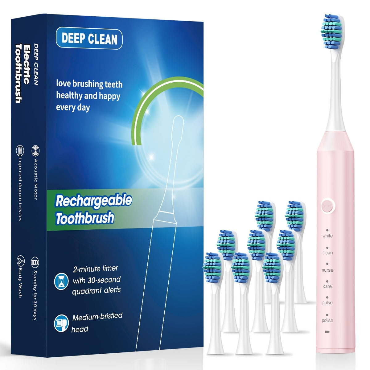 Rechargeable electric toothbrush for adults with 6 modes, USB charging, and soft bristles for deep cleaning dental care.