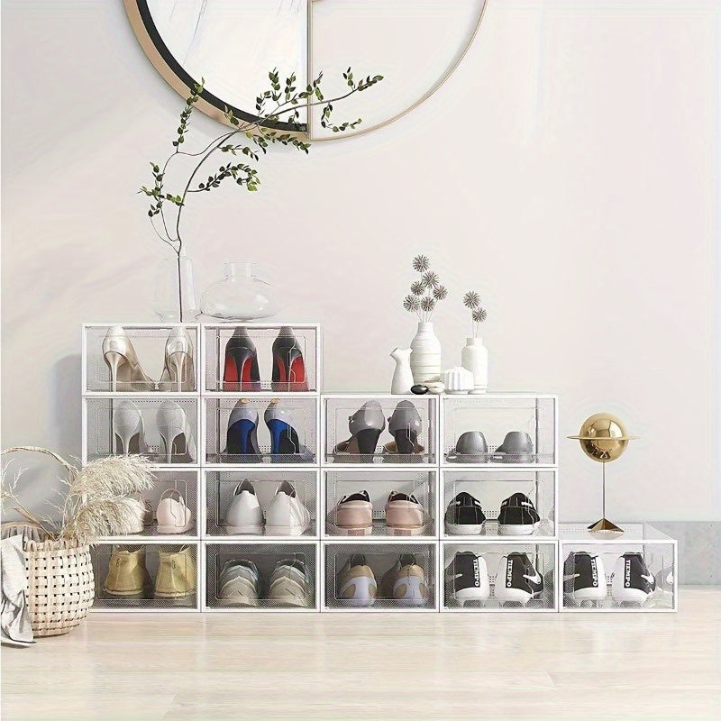 Transparent plastic shoe boxes, available in packs of 2, 3, 4, 5, 6, and 10, are ideal storage containers that can be stacked. These clear plastic containers are perfect for closets and athletic shoes, and come with a white frame for added style.