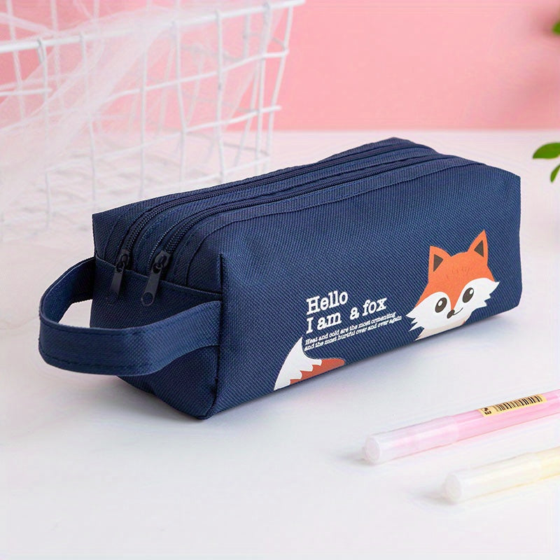 Space astronaut pencil case with cartoon animal design, double-layer canvas storage bag for school supplies.