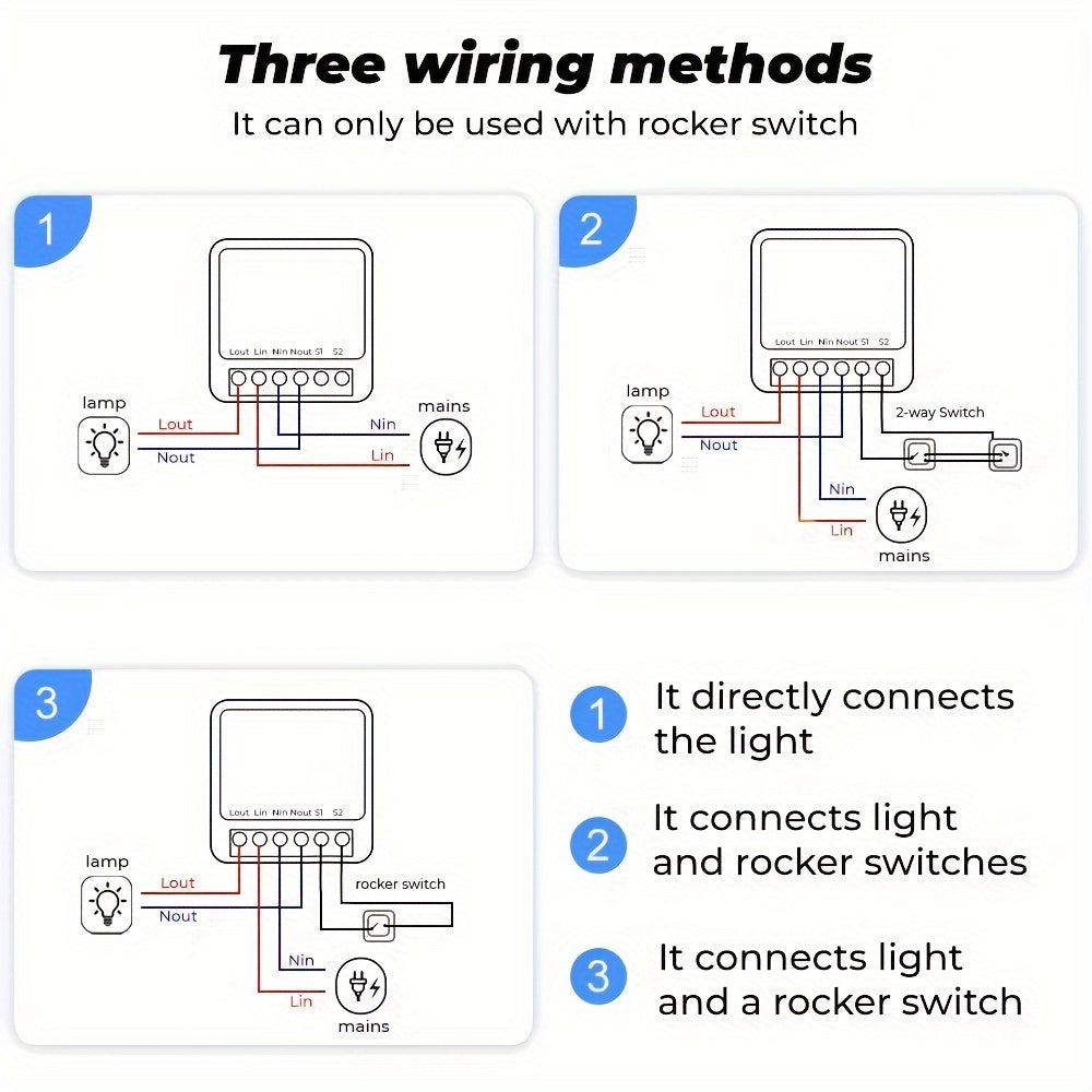 DIY 16A Power Switch Module with WiFi, ZigBee, Tuya app, voice control, 2-way power control, 110V/220V, app controlled, flush mount, for electronics - no battery needed.